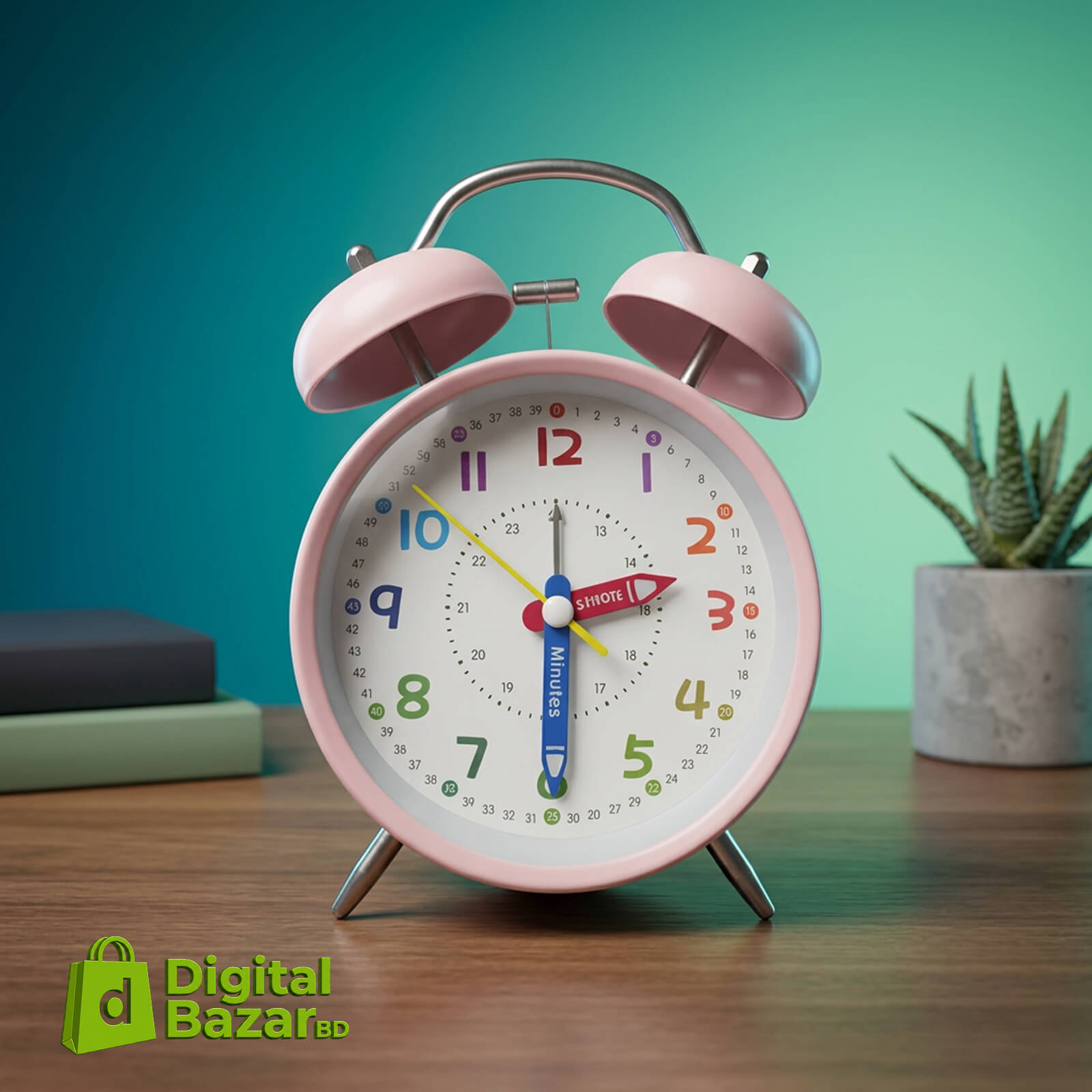 Digital Bazar BD Twin Bell Alarm Clock - Pink and White Colours (1) (1) Twin Bell Alarm Clock - Pink and White Colours - Image 1